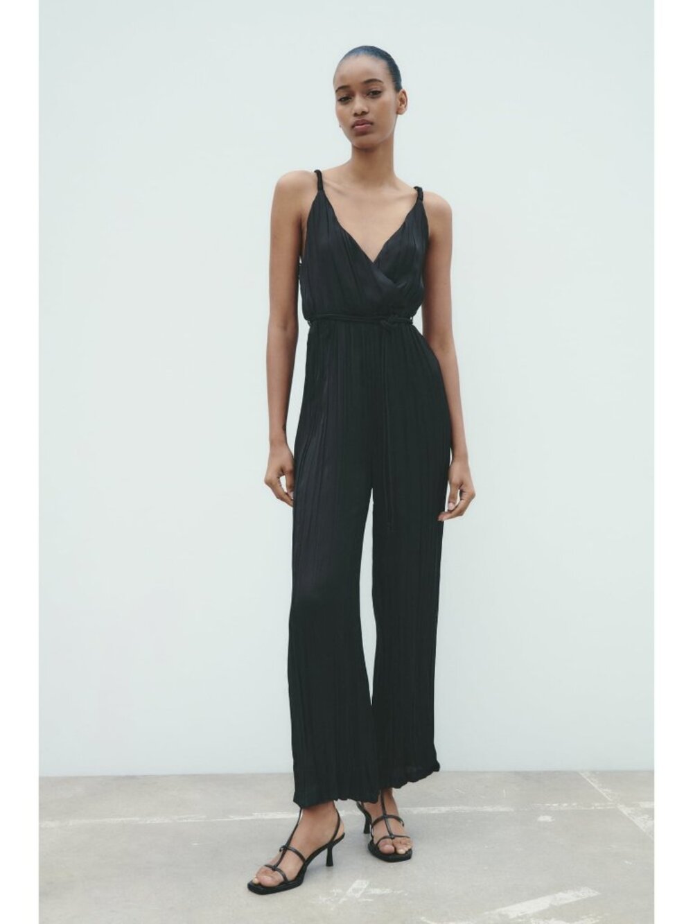 Zara Black Silky V-Neck Jumpsuit With Belt
